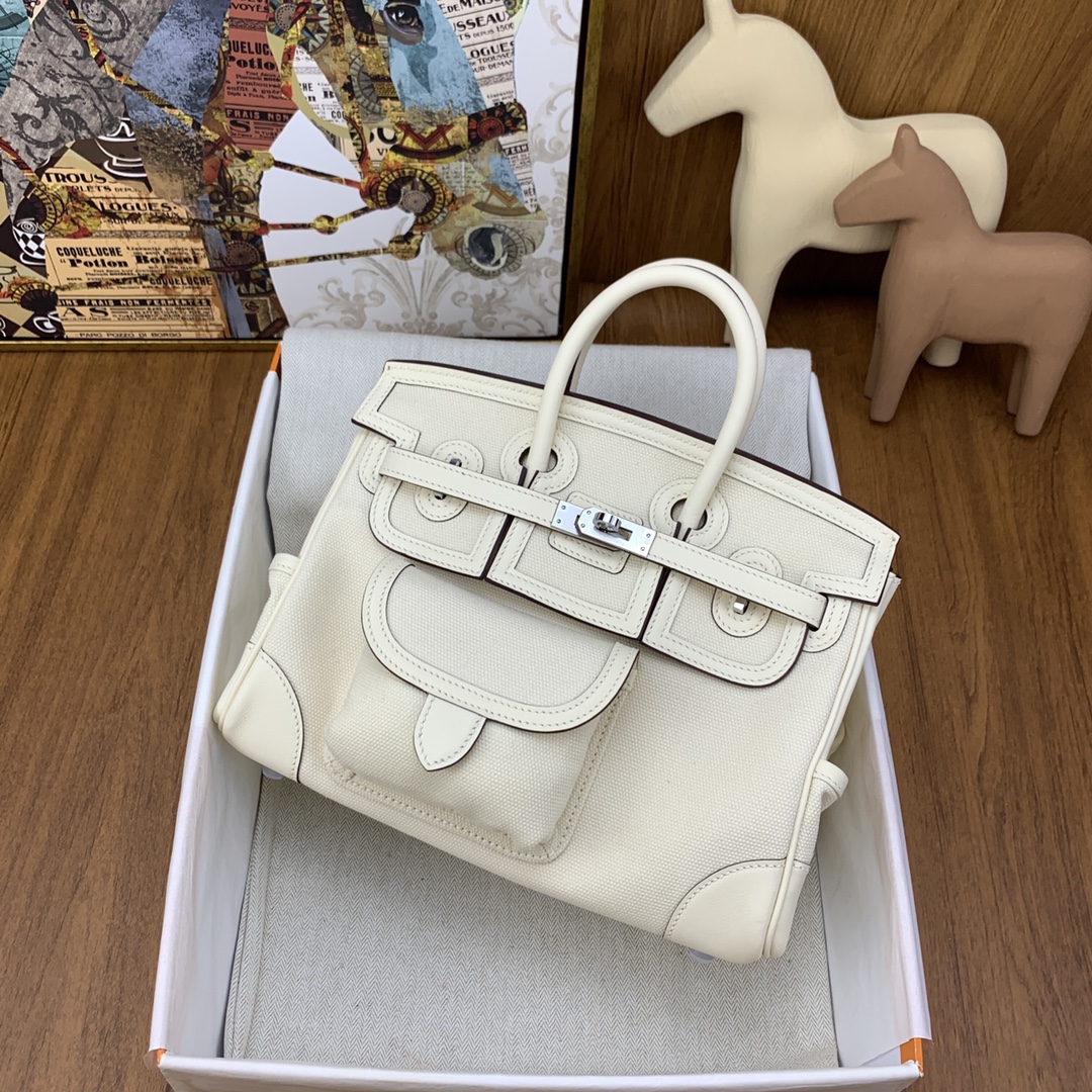 Hermes Cargo Birkin 25CM Limited Edition Canvas Handbag White